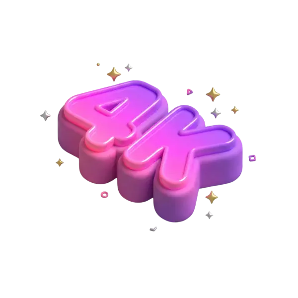 3D render of a chunky '4K' token in glossy bubble-letter style with a pink-to-purple gradient plastic finish, surrounded by small star-shaped sparkles on a transparent background.