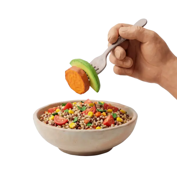 3D render of a single realistic hand holding a fork with slices of avocado and sweet potato above a ceramic bowl filled with mixed beans, corn and tomato pieces on an isolated black background.