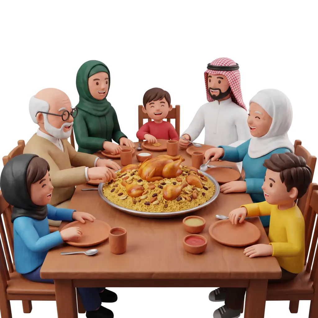 Full-body 3D scene of seven characters — grandparents, parents and children — seated around a wooden table sharing a large communal platter of rice and roasted chicken. The family wears a mix of traditional outfits (hijab, thobe, ghutra) and casual clothes, using clay cups and plates on a transparent background.