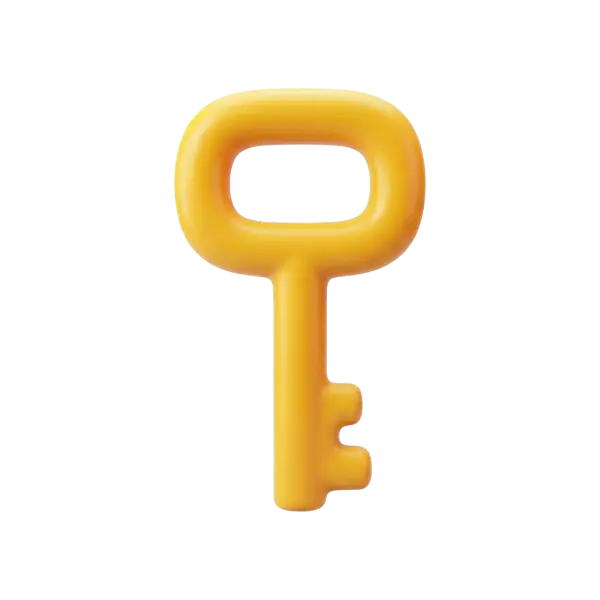 3D render of a rounded access key in warm yellow with a glossy plastic finish and smooth, toy-like edges, isolated on a transparent background.