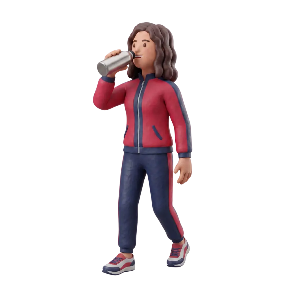 Full-body 3D scene of a female character in a red-and-blue tracksuit and sneakers walking while drinking from a stainless steel bottle. Isolated on a black background with a smooth clay-like 3D style.
