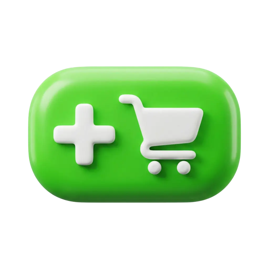 3D render of a glossy green rounded rectangular button with a raised white plus sign and white shopping cart icon, soft plastic-like finish, isolated on a black background.
