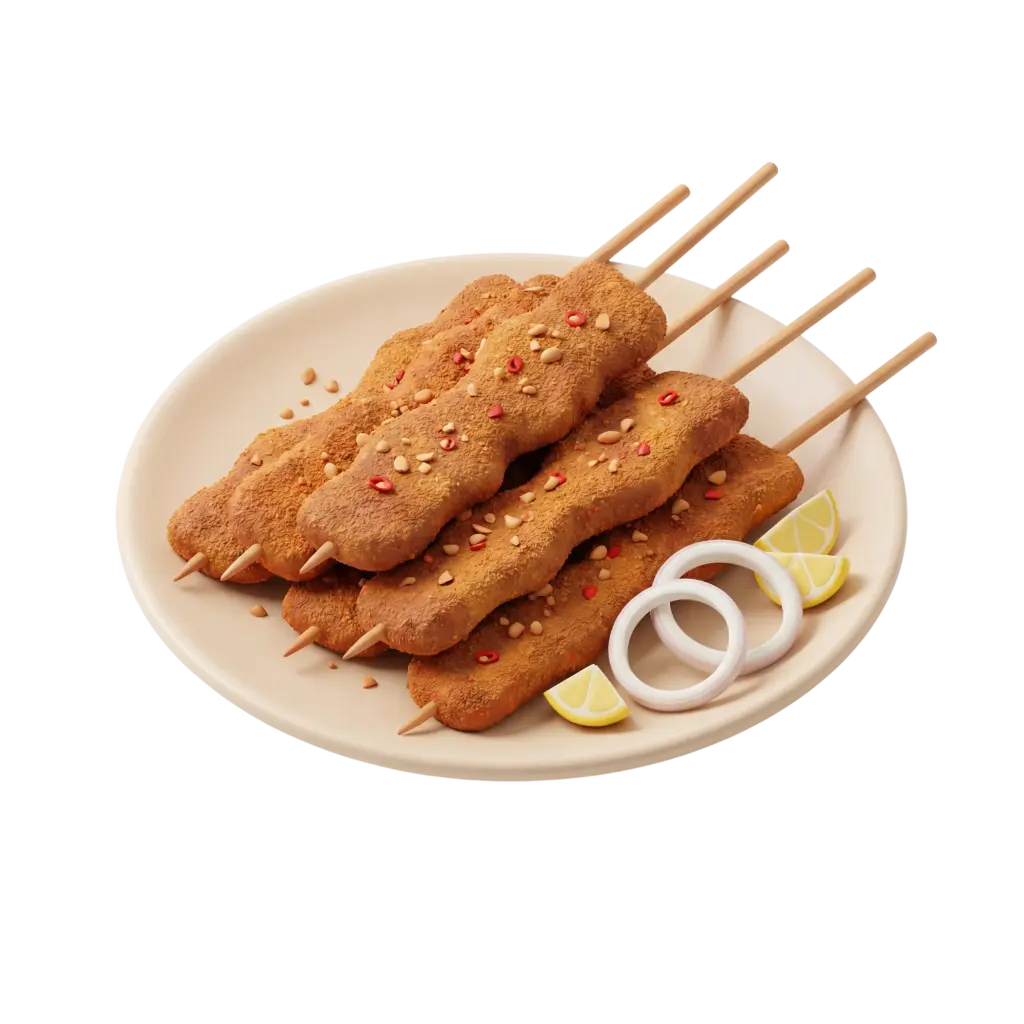 3D render of peanut skewers on a beige plate, four breaded skewers on wooden sticks topped with crushed peanuts and red chili slices, served with lemon wedges and onion rings on a plain dark background.