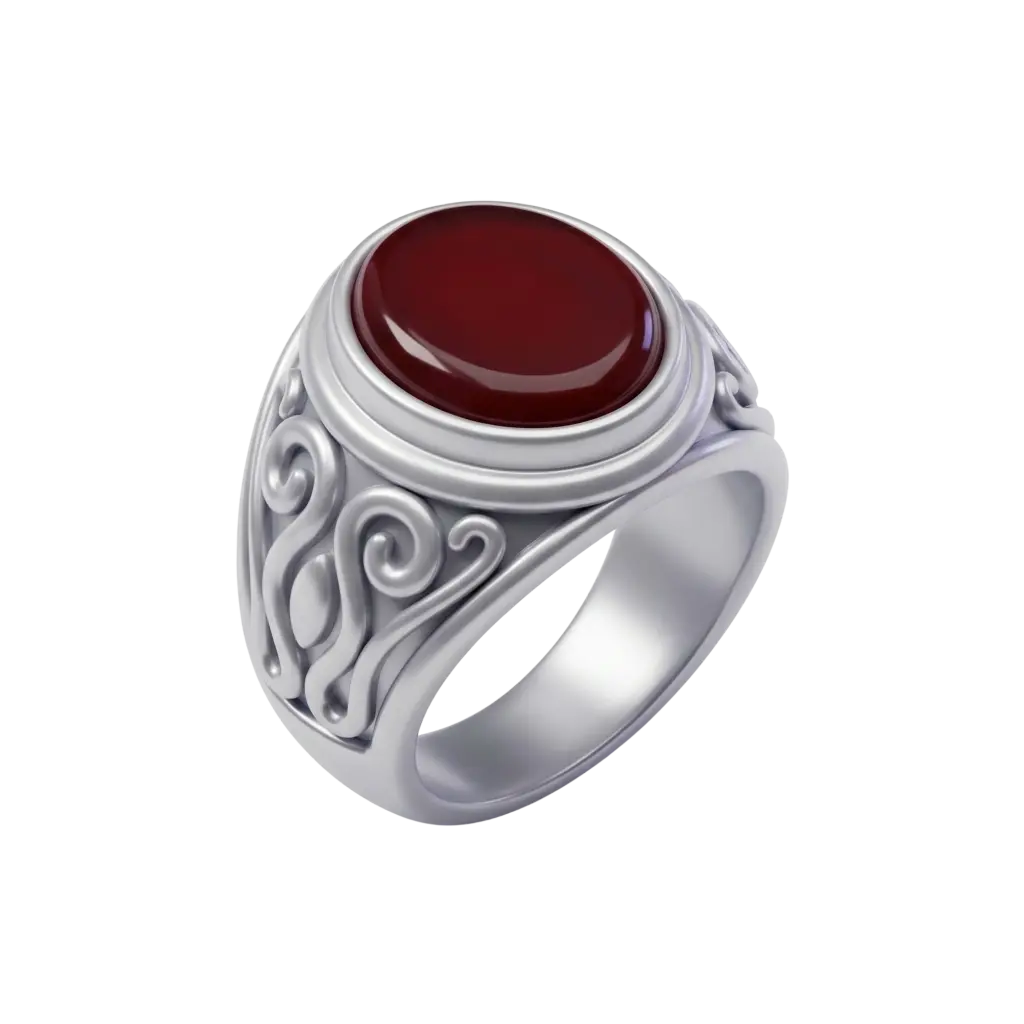 3D render of a silver signet ring with a polished deep-red agate cabochon, featuring raised swirling filigree details on the shoulders and a smooth inner band. Isolated on a black background with a glossy metallic finish.