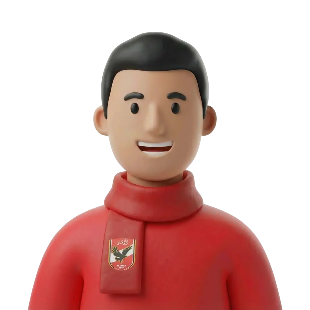 3D portrait bust of a young male Al Ahly football fan wearing a red sweater and a red scarf with the club crest, short black hair and a friendly smile. The character is isolated on a dark background and faces forward in a neutral, mascot-like pose.