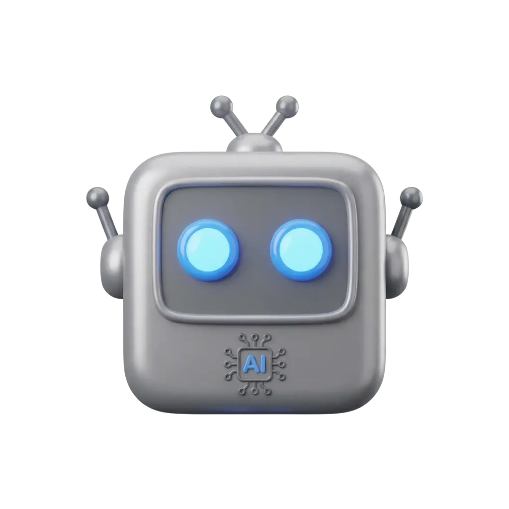 3D render of a glossy metallic gray robot head with a rounded square shape, two glowing blue circular eyes, three antennae and side ear pods, featuring a small 'AI' chip emblem on the front; isolated on a transparent background.