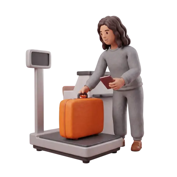 Full-body 3D scene of a smiling young traveler with long hair in a casual grey outfit holding a passport/phone while placing an orange suitcase on an airport baggage scale; a small digital scale display and check-in counter are visible on a black background.