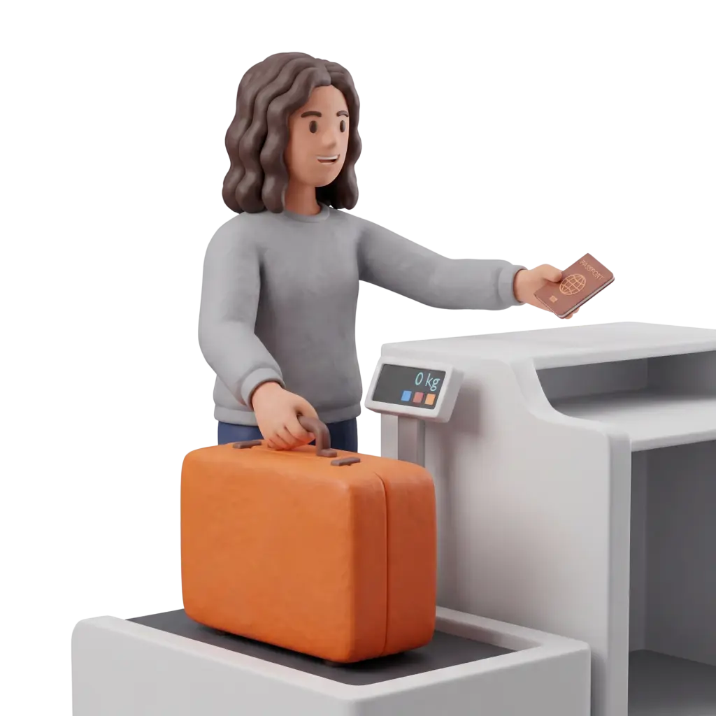 Full-body 3D scene of a single young adult with wavy brown hair in a grey sweater handing a passport over a check-in counter while holding an orange suitcase on a baggage scale. The scene shows the passport, suitcase, digital scale display and check-in counter against a black background.