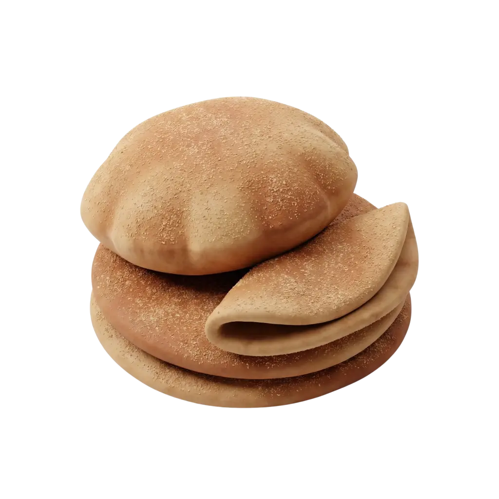 3D render of a stack of Aish Baladi flatbreads with a folded piece showing an inner pocket; golden-brown crusts dusted with semolina and a soft, slightly puffed texture against a black background.