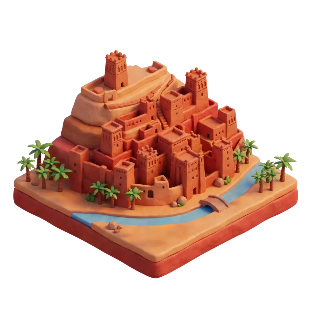 3D clay-style depiction of Ait Benhaddou kasbah showing clustered mud-brick towers and stepped terraces on a rocky base, flanked by a small blue stream, palm trees and a tiny bridge; warm directional lighting and an isolated render with soft shadows from a slightly elevated front perspective.