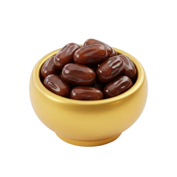3D render of a golden bowl filled with glossy dark brown Ajwa dates on a black background.