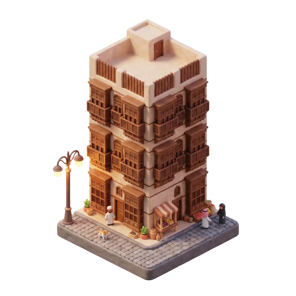 3D render of an isometric historic Jeddah corner building featuring stacked wooden rawashin balconies, beige coral-stone texture, a ground-level market stall, streetlamp, small figures and a dog. Warm, evening lighting with an isolated dark background highlights the detailed latticework and street paving.