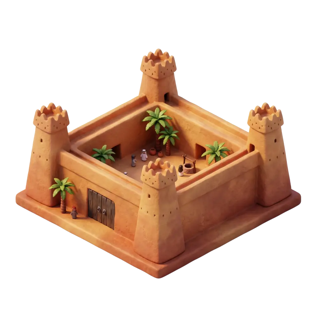 3D render of a clay-style Najdi fortress with four corner towers and crenellations, an open central courtyard with palm trees, small human figures and pottery, shown in an isometric top-side perspective with warm studio lighting on a transparent background.