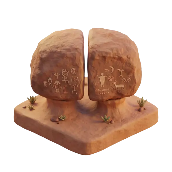 3D render of a split sandstone rock formation on a low sandy pedestal, with carved petroglyphs visible on the inner faces, small desert succulents, warm terracotta clay tones, frontal perspective and soft studio lighting. Isolated on a dark background highlighting the balanced twin boulders and textured surface.