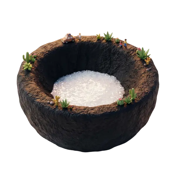 3D render of a circular volcanic crater with a dark rocky rim and a white crystalline salt pan at the bottom, depicted as a stylized clay-like diorama with small succulents, cacti, a toy car and miniature people on the rim, isolated on a black background with soft studio lighting.
