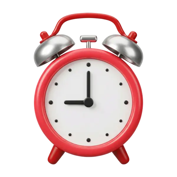 3D render of a classic twin-bell alarm clock with a glossy red painted metal body, chrome metallic bells, a white minimalist dial with black dot hour markers and black hands. Presented as an isolated render on a transparent background.