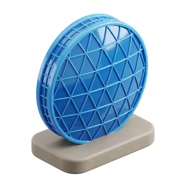 3D render of a circular disc-shaped building model with a glossy blue triangular-grid facade, ribbed outer edge, and a matte beige rectangular base on a transparent background.