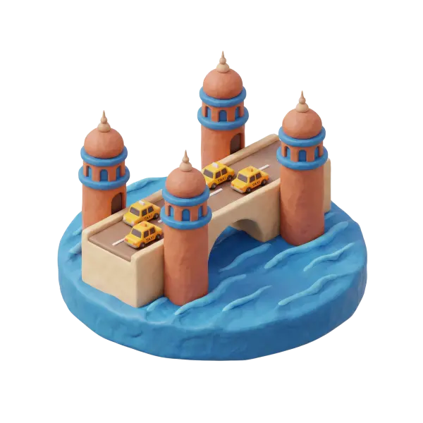 3D clay-style depiction of Stanley Bridge on a circular base of stylized blue sea, showing four terracotta domed towers with blue bands, an arched roadway and small yellow taxis. Isometric perspective with soft studio lighting and an isolated/transparent background.