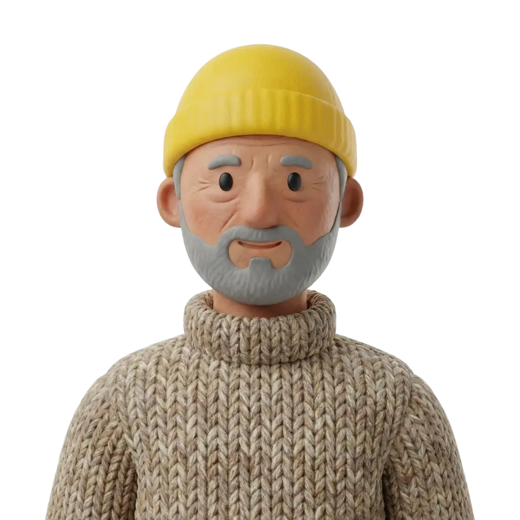 3D portrait bust of an older male fisherman wearing a yellow beanie and a chunky beige knit sweater, with a grey beard, gentle smile and weathered facial lines; isolated on a black background.