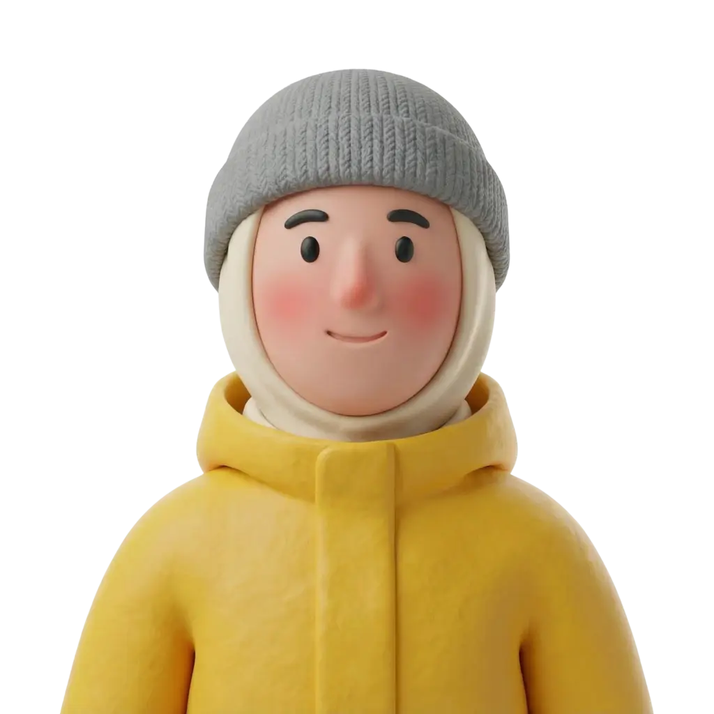 3D portrait bust of a young woman wearing a cream hijab under a grey knit beanie and a bright yellow padded winter coat, with simple stylized black eyes, arched black eyebrows and rosy cheeks. Front-facing calm smile on a black isolated background, cropped at the shoulders.