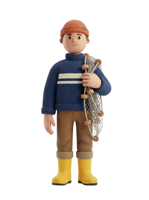 Full-body 3D character of a male Alexandrian fisherman wearing an orange knit beanie, a navy blue sweater with two white stripes, rolled brown trousers and yellow rubber boots; he holds a coiled fishing net with cork floats over his shoulder, smiling gently in a standing pose against a transparent/isolated background.