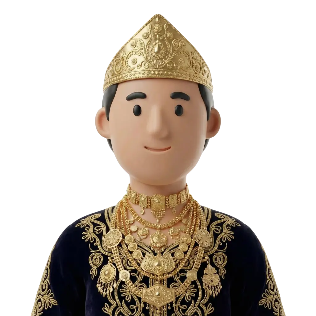 3D portrait bust of an Algerian bride wearing a pointed ornate gold crown and multiple layered gold necklaces over a dark embroidered velvet dress, with a calm smile and short dark hair, posed frontally against a black background.