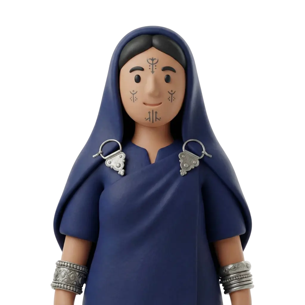 3D portrait bust of an Algerian Chaouia woman wearing a deep blue hooded robe and headscarf with silver triangular brooches on the shoulders, layered silver bracelets, traditional Amazigh facial tattoos, neutral smile and forward-facing pose on a black background.