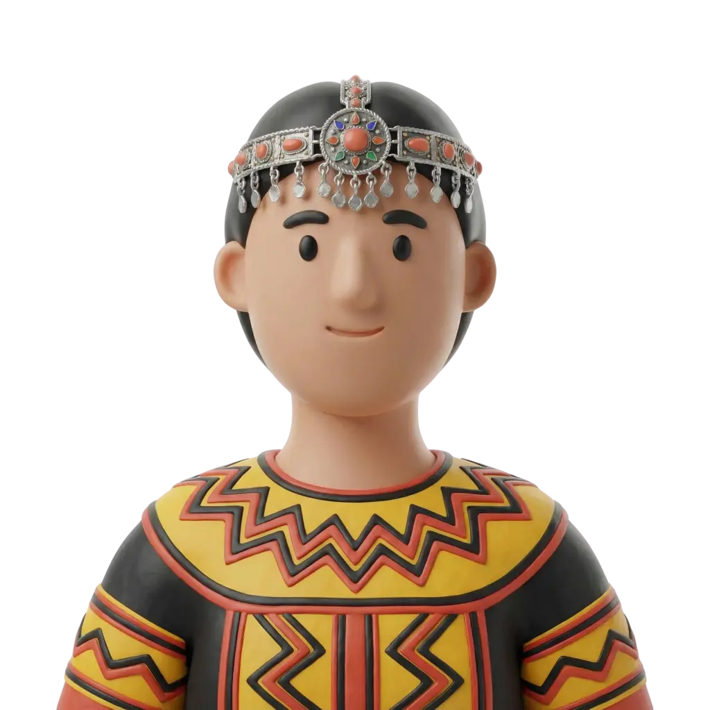 3D portrait bust of a Kabyle woman wearing a silver decorative headpiece with coral stones and dangling charms, short dark hair, and a colorful embroidered yellow-red-black traditional top with geometric patterns. Neutral smile, forward-facing pose on a black background.