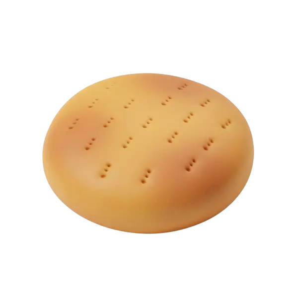 3D render of a round Algerian khobz kesra flatbread with a golden-brown crust, small grouped pierced holes across the surface, soft matte texture on a black isolated background.