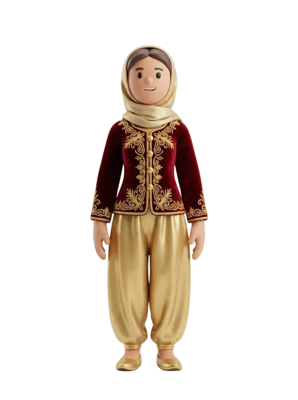 Full-body 3D character of a female wearing a burgundy velvet embroidered karakou jacket with gold thread, shiny gold harem-style trousers, a cream headscarf, and gold slippers; she smiles gently with arms relaxed at her sides against a plain black background. The isolated render highlights glossy fabrics and intricate gold embroidery details.