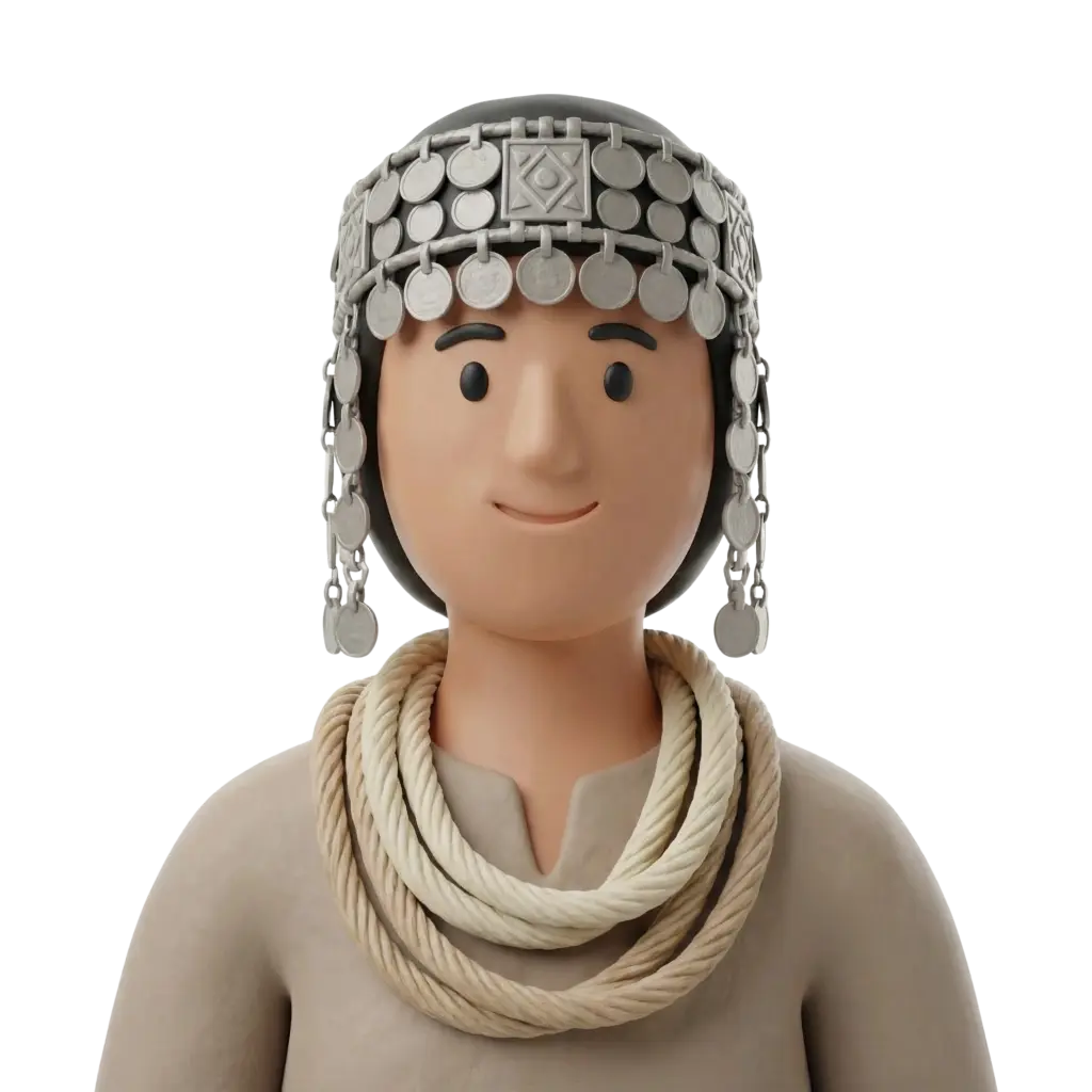 3D portrait bust of a male Amazigh artisan wearing a silver coin-decorated headpiece with dangling round coins, layered beige rope necklaces, and a simple beige tunic; neutral smile and stylized facial features against an isolated dark background.