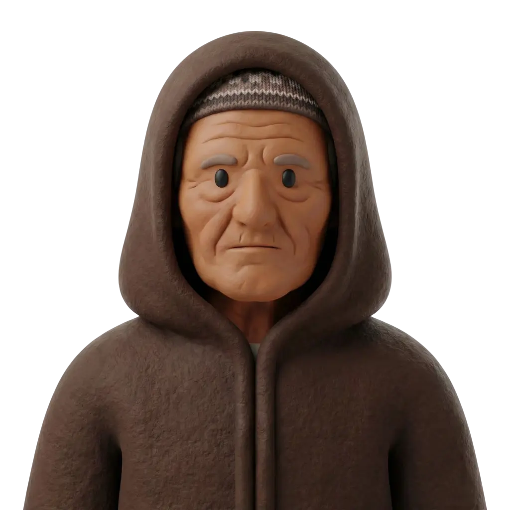 3D portrait bust of an elderly Amazigh farmer wearing a brown hooded wool cloak and a knitted cap, with deep facial wrinkles, grey eyebrows, and a calm, stoic expression against an isolated black background.