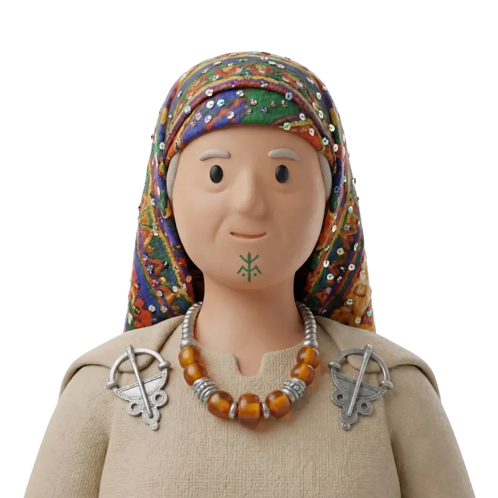 3D portrait bust of a female Amazigh elder wearing a colorful embroidered headscarf with sequins, a beige textured dress, amber bead necklace and silver fibula brooches; she has a small green Amazigh chin tattoo, neutral expression, facing forward on a black background.