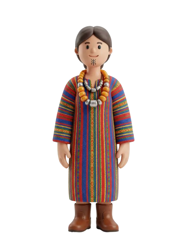 Full-body 3D character of a woman in a colorful striped Amazigh robe with brown leather boots, wearing large amber and silver necklaces and a small geometric chin tattoo; she has short dark hair and a gentle smile, posed standing against an isolated black/transparent background.
