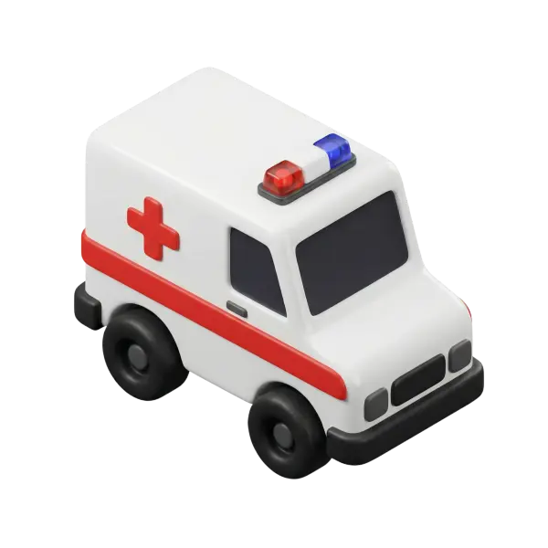 3D render of a stylized white ambulance van with a red side stripe and red cross, glossy plastic finish, black rounded wheels and red-blue roof lights, isolated on a transparent background.