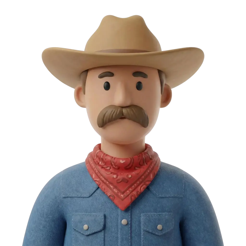 3D portrait bust of a male American cowboy wearing a beige wide-brim hat, blue denim shirt and a red bandana, with a thick brown mustache and neutral expression, isolated on a black background.