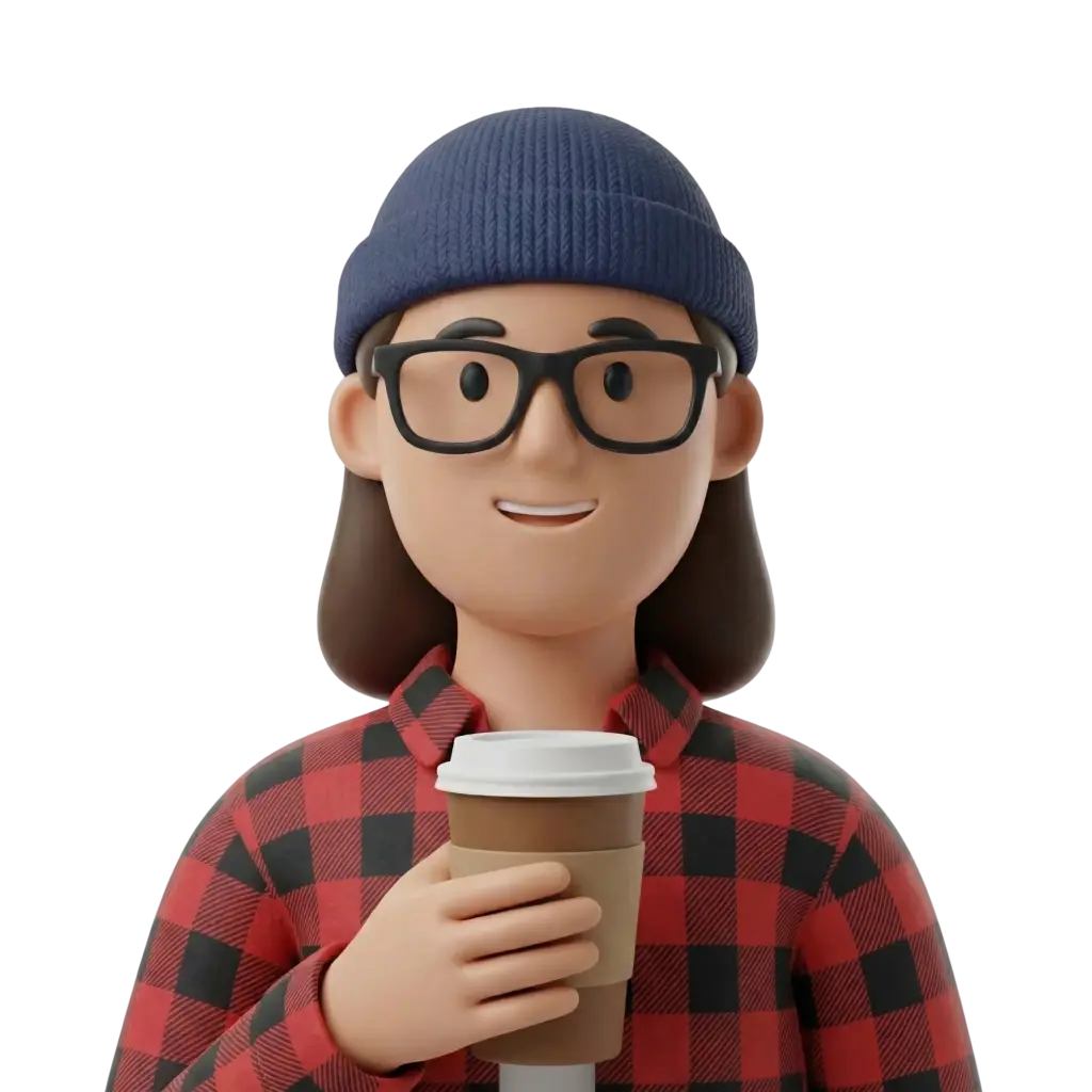 3D portrait bust of a young woman wearing a navy knit beanie, black rectangular glasses and a red-and-black checkered flannel shirt, smiling slightly while holding a takeaway coffee cup with a cardboard sleeve; simple dark background.