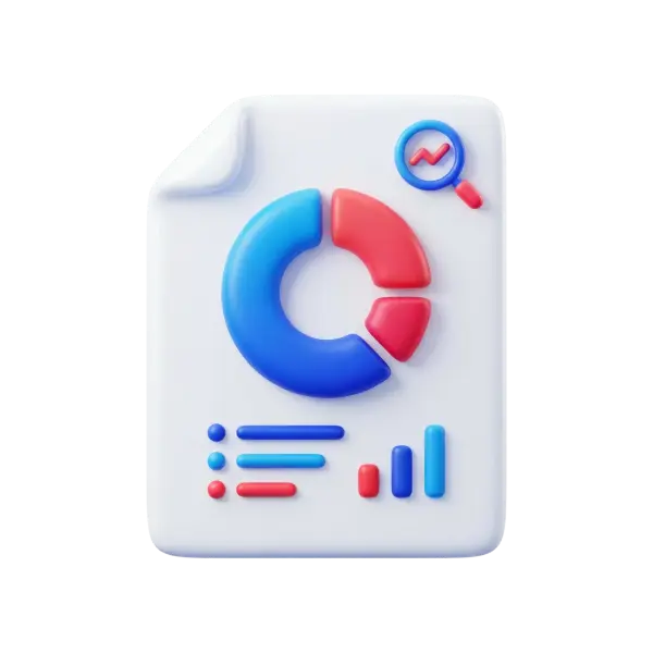 3D render of a document-shaped icon with a folded top-left corner, featuring a glossy blue and red donut/pie chart, small magnifying glass, bar chart and list lines on a white matte page. Isolated on a transparent background.