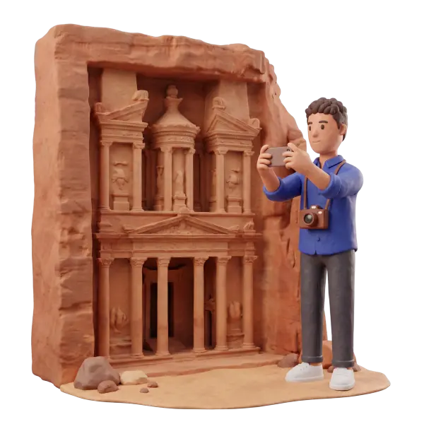 Full-body 3D scene of a male tourist in a blue shirt with a camera strap and white sneakers taking a photo with a smartphone in front of a carved sandstone façade resembling an ancient rock-cut tomb; warm clay textures and a black isolated background.