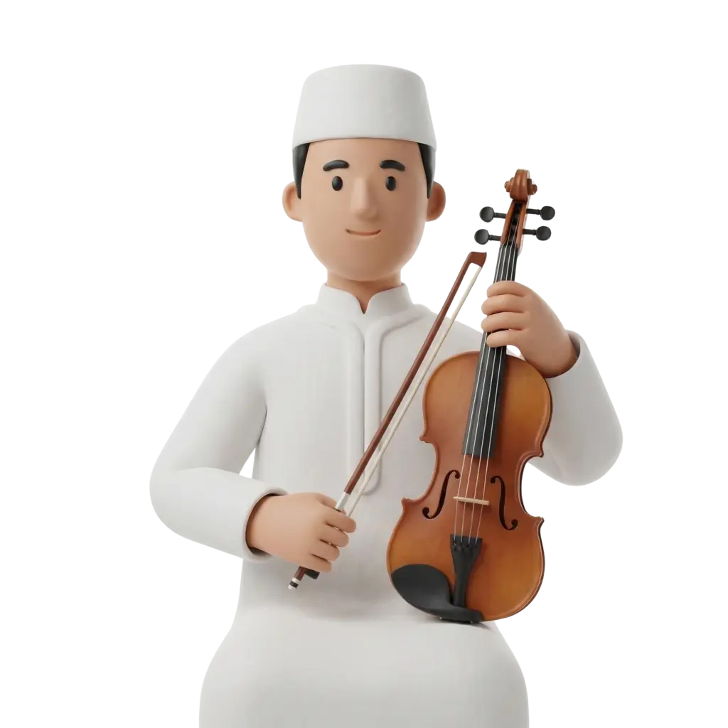 3D portrait bust of a male Andalusian musician wearing a white robe and white cap, holding a wooden violin and bow with a gentle smile and neutral pose, isolated on a black background.