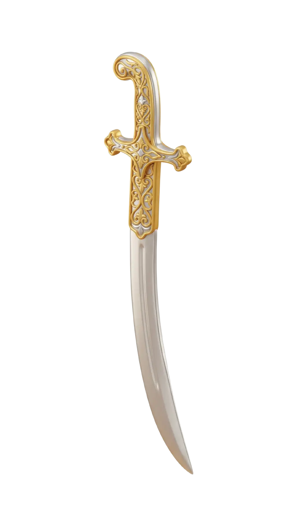 3D render of a curved Arab sword with a polished silver blade and an ornate gold hilt decorated with arabesque engravings and a glossy metallic finish. Isolated composition on a black background.