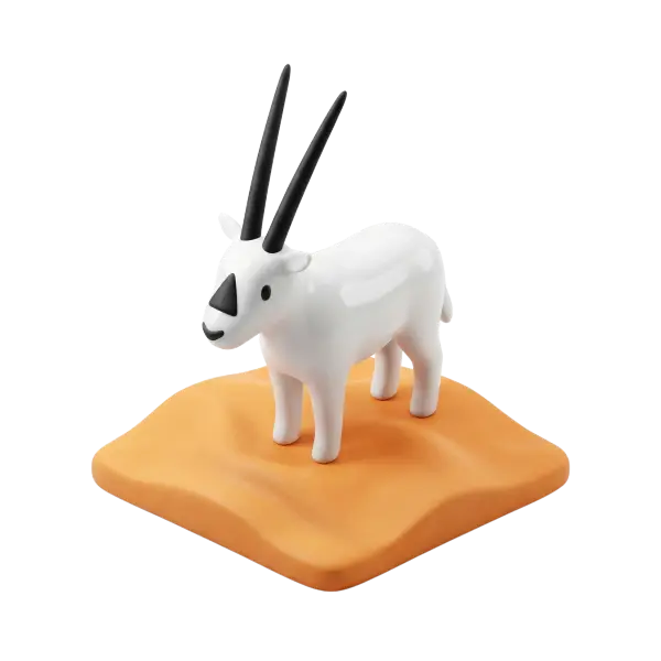 3D render of a stylized Arabian oryx with a glossy white body, long matte-black straight horns and a black triangular nose, standing on a rounded orange sand-like base. Isolated render on a transparent background with soft highlights and smooth, toy-like surfaces.
