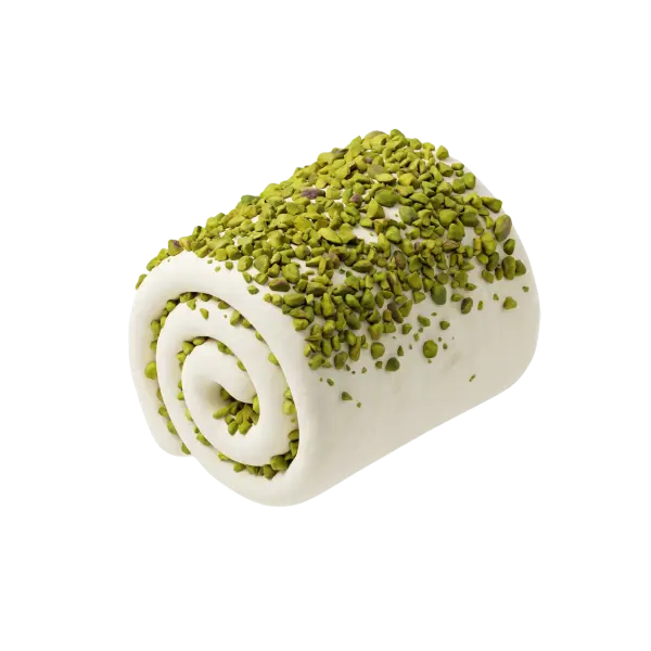Close-up of a rolled white Arabic ice cream (booza) studded and topped with crushed green pistachios, shown against a solid black background.