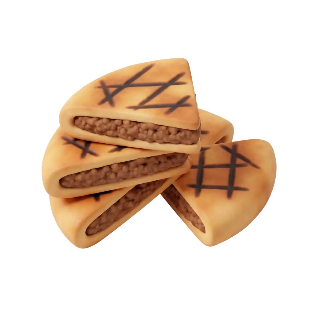 Close-up of stacked triangular arayes (meat-stuffed pita) showing minced meat filling, golden-brown grilled pita with dark cross-hatch char marks, isolated on a black background.