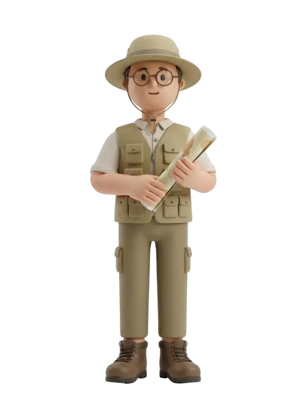 Full-body 3D character of a male archaeologist wearing a beige safari hat, round glasses, a khaki utility vest with multiple pockets, khaki cargo pants and brown lace-up boots while holding a rolled map. He has a friendly neutral expression, relaxed standing pose, and is shown on a solid black background.