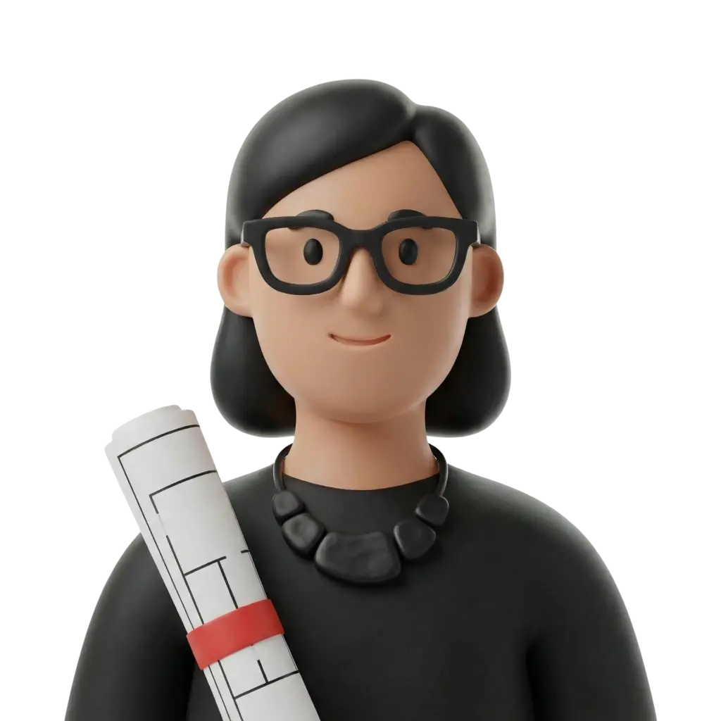 3D portrait bust of a female architect with short black hair, black rectangular glasses, a chunky black necklace and a simple black top, holding a rolled architectural blueprint secured with a red band; neutral, confident expression. Isolated on a black background.
