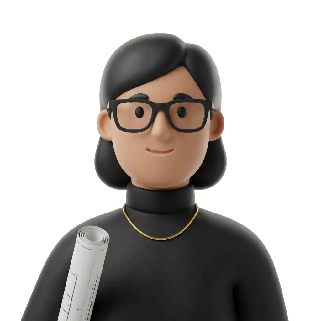 3D portrait bust of a female architect with shoulder-length black hair, wearing black rectangular glasses, a black turtleneck and a thin gold necklace; she holds a rolled architectural blueprint and smiles gently against an isolated dark background.