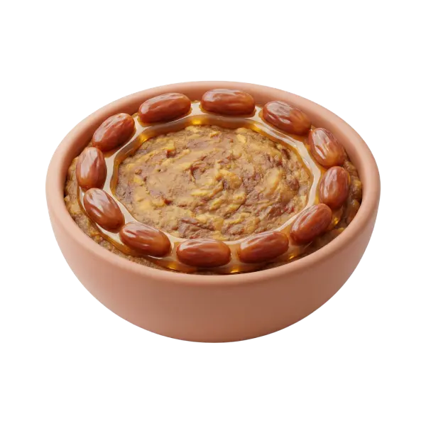 Close-up of a terracotta bowl filled with a thick mashed date mixture topped by a ring of whole glossy dates and a drizzle of syrup, visible brown and golden textures, isolated on a black background.
