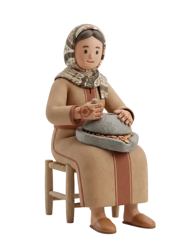 Full-body 3D character of a seated female argan oil producer wearing a patterned headscarf and a beige-brown long dress with reddish stripes, detailed henna on both hands, and leather slip-on shoes; she grinds argan nuts with a traditional two-stone mill while sitting on a simple wooden stool against a plain black background.