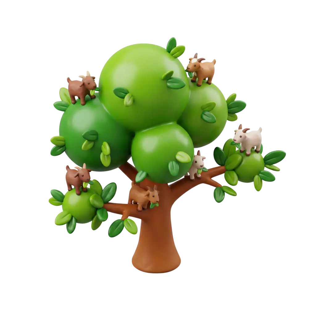 3D render of a stylised argan tree with clustered spherical green foliage, a smooth brown trunk and several small goats perched on the branches. Glossy plastic-like finish with isolated transparent background.